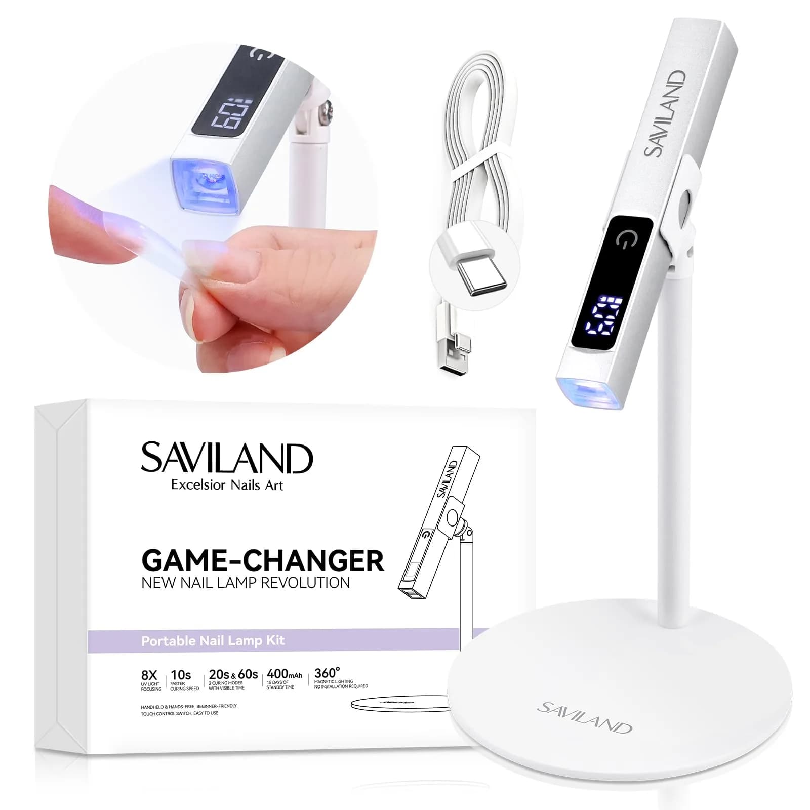 SAVILAND Flash Cure Nail Lamp U V Light for Gel Nails with Magnetic Stand 156 g (0.132 kg) | 8S Fast Cure — White