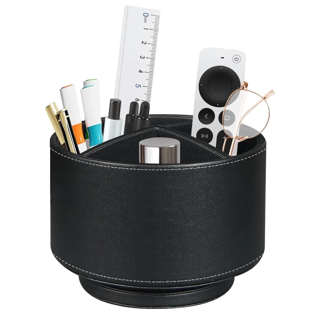 BIBELUN 360 Swivel Remote Control Holder with 4 Compartments | 14.8 cm (5.83 in) Black Faux Leather Desk Organizer - main product image