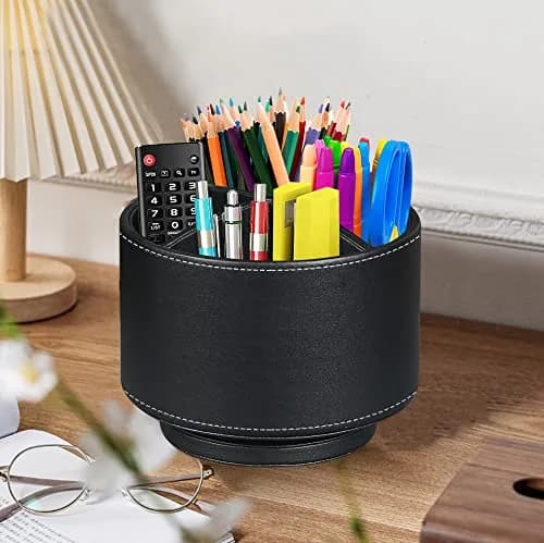 BIBELUN 360 Swivel Remote Control Holder with 4 Compartments | 14.8 cm (5.83 in) Black Faux Leather Desk Organizer thumbnail 2