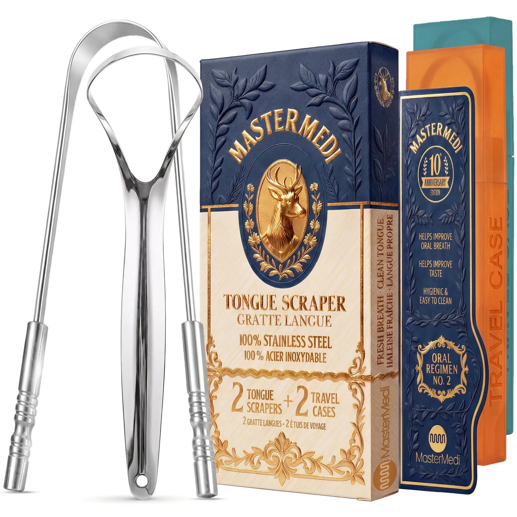 mastermedi Stainless Steel Tongue Scraper 2 Pack with Multicolor Cases | Reduces Bad Breath & Improves Oral Hygiene
