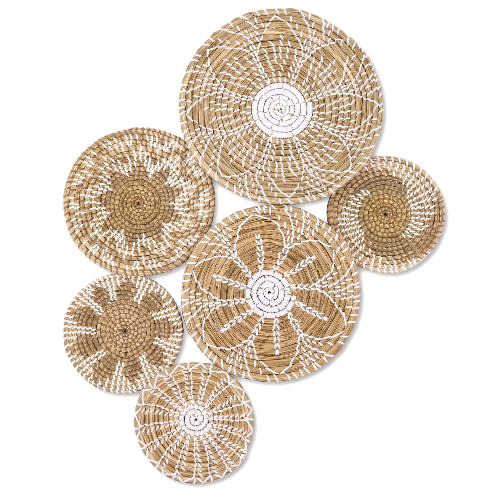 LOCS MICRAI Boho Wall Basket Decor Set of 8 | Handcrafted Rattan & Wicker Wall Art for Home & Kitchen — White Classic