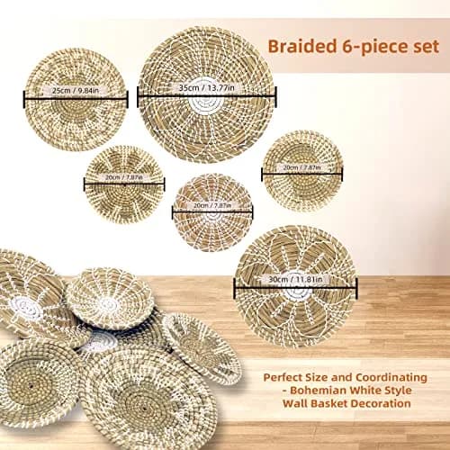 LOCS MICRAI Boho Wall Basket Decor Set of 6 | Handcrafted Seagrass Wall Art for Farmhouse & Rustic Homes thumbnail 2