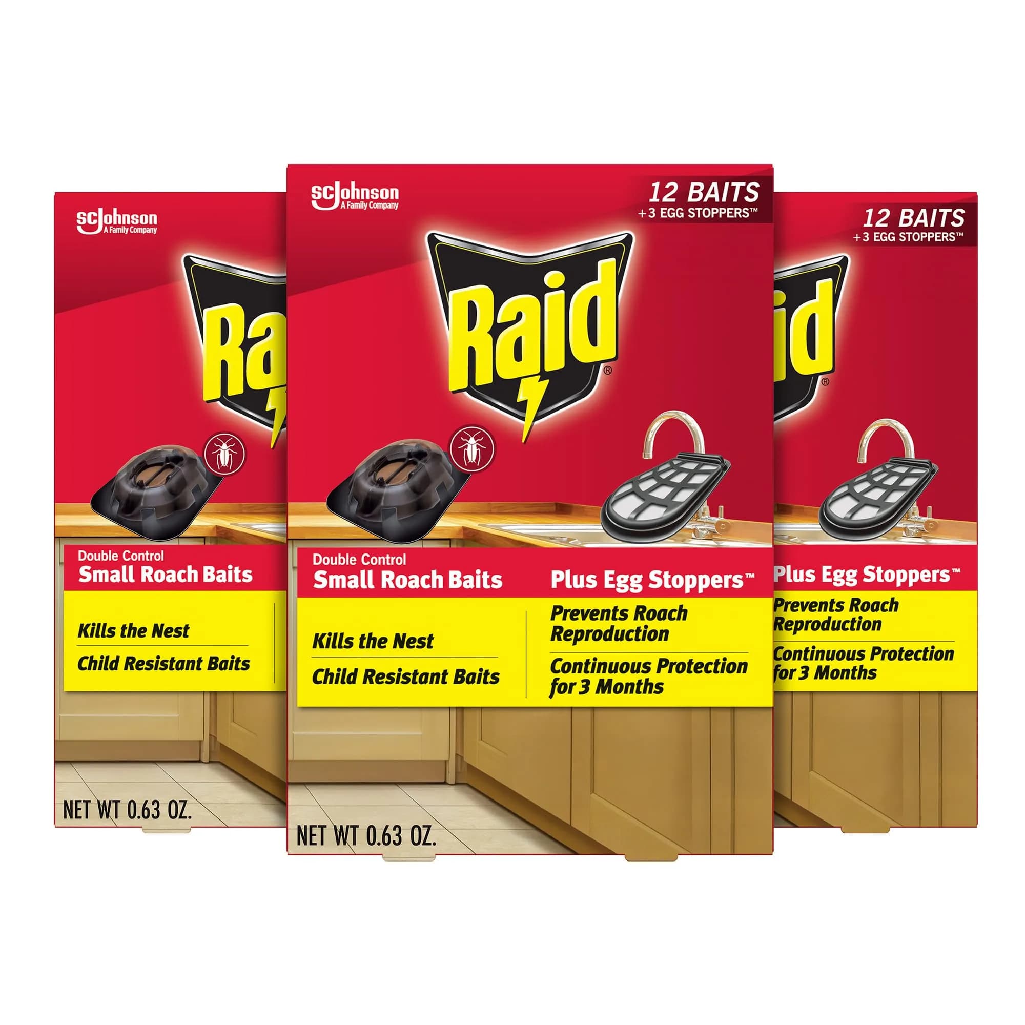 Raid Double Control Small Roach Baits Plus Egg Stopper 12 Count (Pack of 3) | Discreet, Effective Roach Control for Indian Homes - main product image