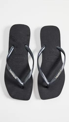 Havaianas Women's Slim Square Logo Flip Flops, Black/Silver, 6 Medium US | Rubber Slip-On Casual Footwear thumbnail 2