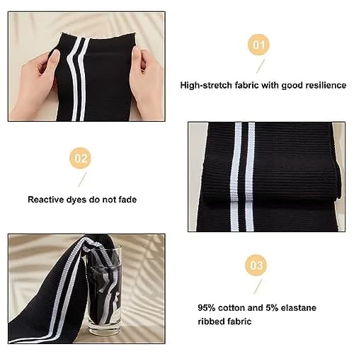BENECREAT Elastic Fiber Ribbing Fabric 2pcs | Black Stripe Pattern, 5.5x37.5inch, 2mm Thick, Cotton & Elastic Blend for Garment Edging thumbnail 4