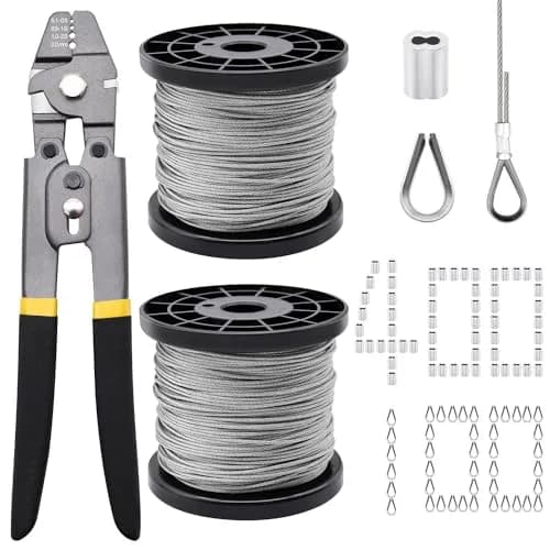 FGBNM 656ft Wire Rope Crimping Tool Kit with 1/16" Stainless Steel Cable, Aluminum Sleeves & Thimbles | Heavy Duty Crimper Set thumbnail 1