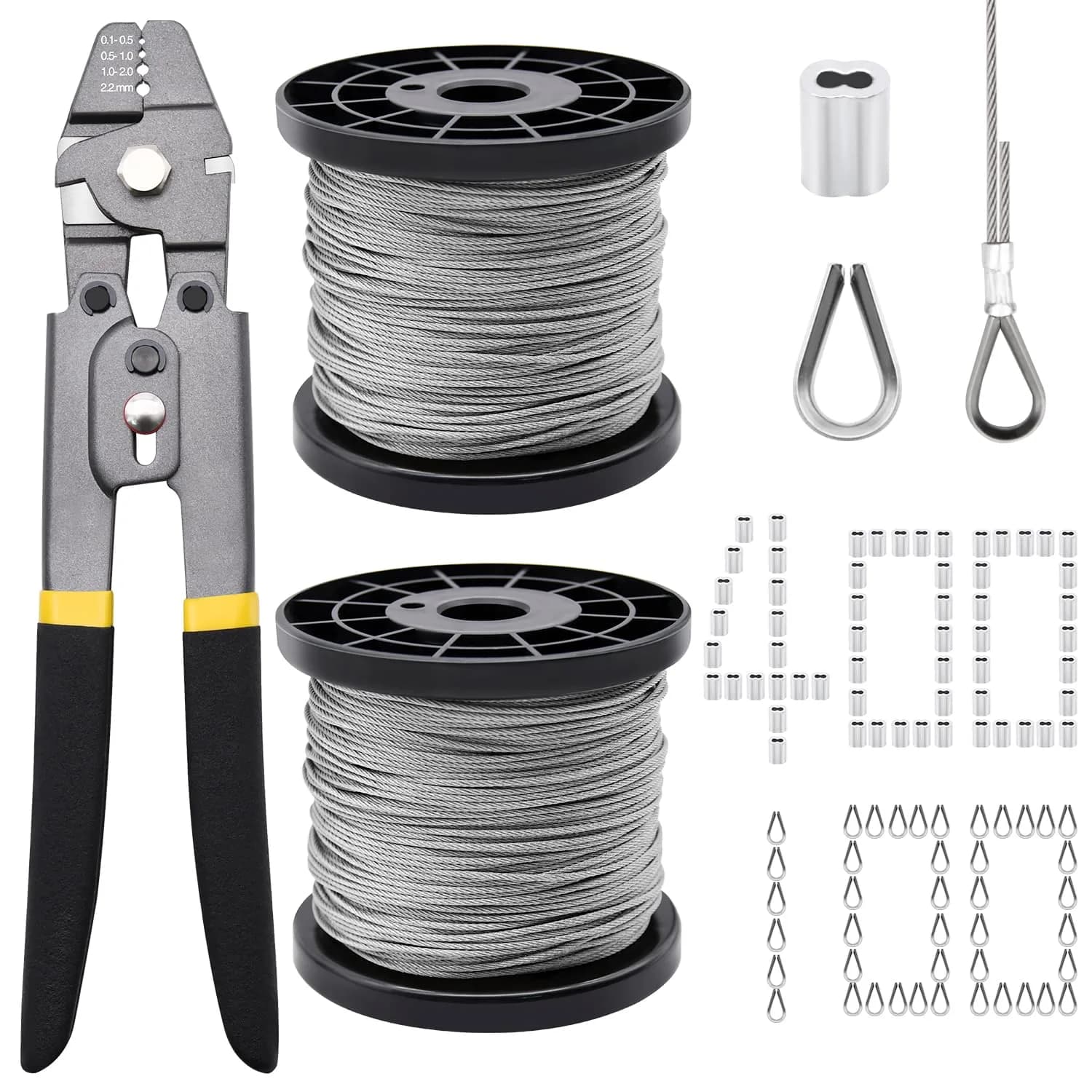 FGBNM Heavy Duty Wire Rope Crimping Tool Kit with 328ft 1/16" Stainless Steel Cable & Aluminum Sleeves | Crimper, Cutters, Thimbles Included — 656ft Wire Rope Set + Crimper