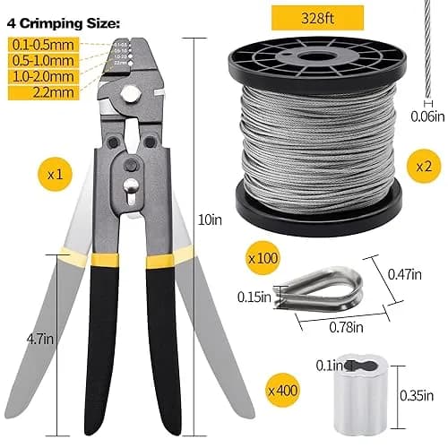 FGBNM 656ft Wire Rope Crimping Tool Kit with 1/16" Stainless Steel Cable, Aluminum Sleeves & Thimbles | Heavy Duty Crimper Set thumbnail 2