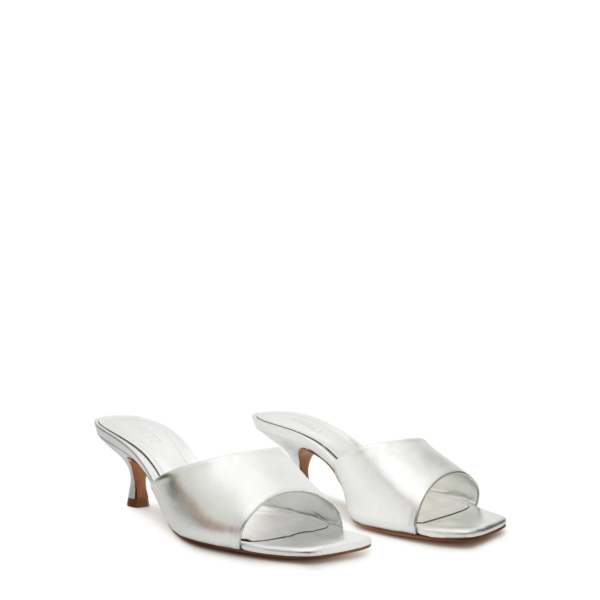SCHUTZ Dethalia Mid Stiletto Slip-On Sandal Leather Pink 7 | Elegant Heel for Women — Silver Leather