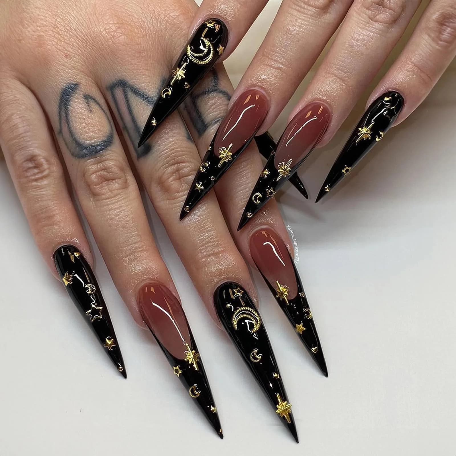 MISUD Press on Nails - Long Stiletto Goth Black with Gold Star Moon | 24 pcs - main product image