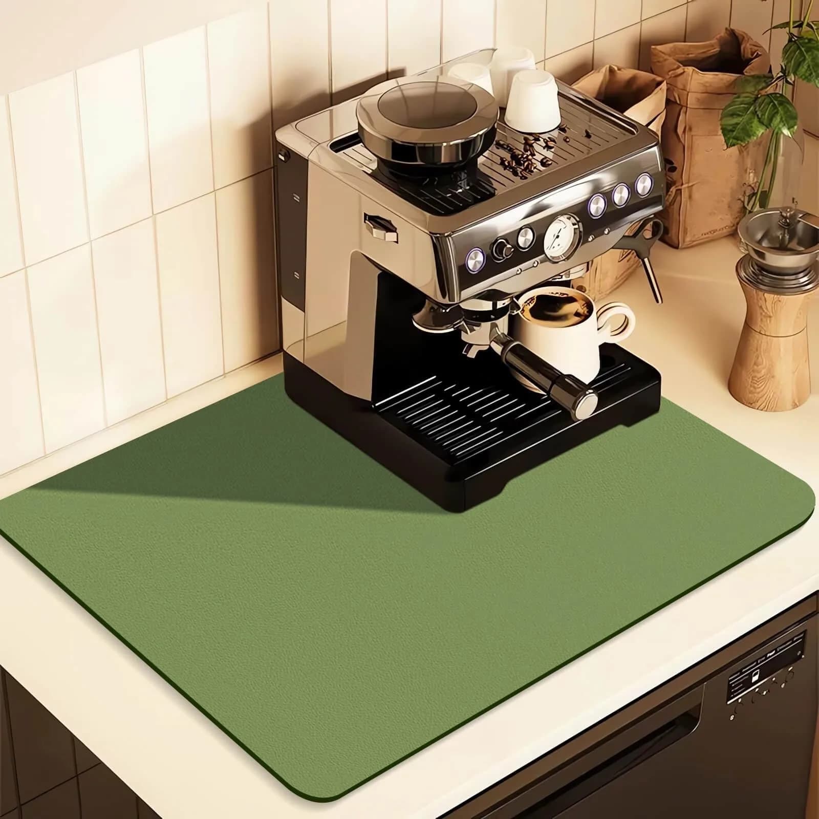 JuSiyley Coffee Mat for Countertops 12" x 19" | Absorbent Rubber Mat for Kitchen — Green