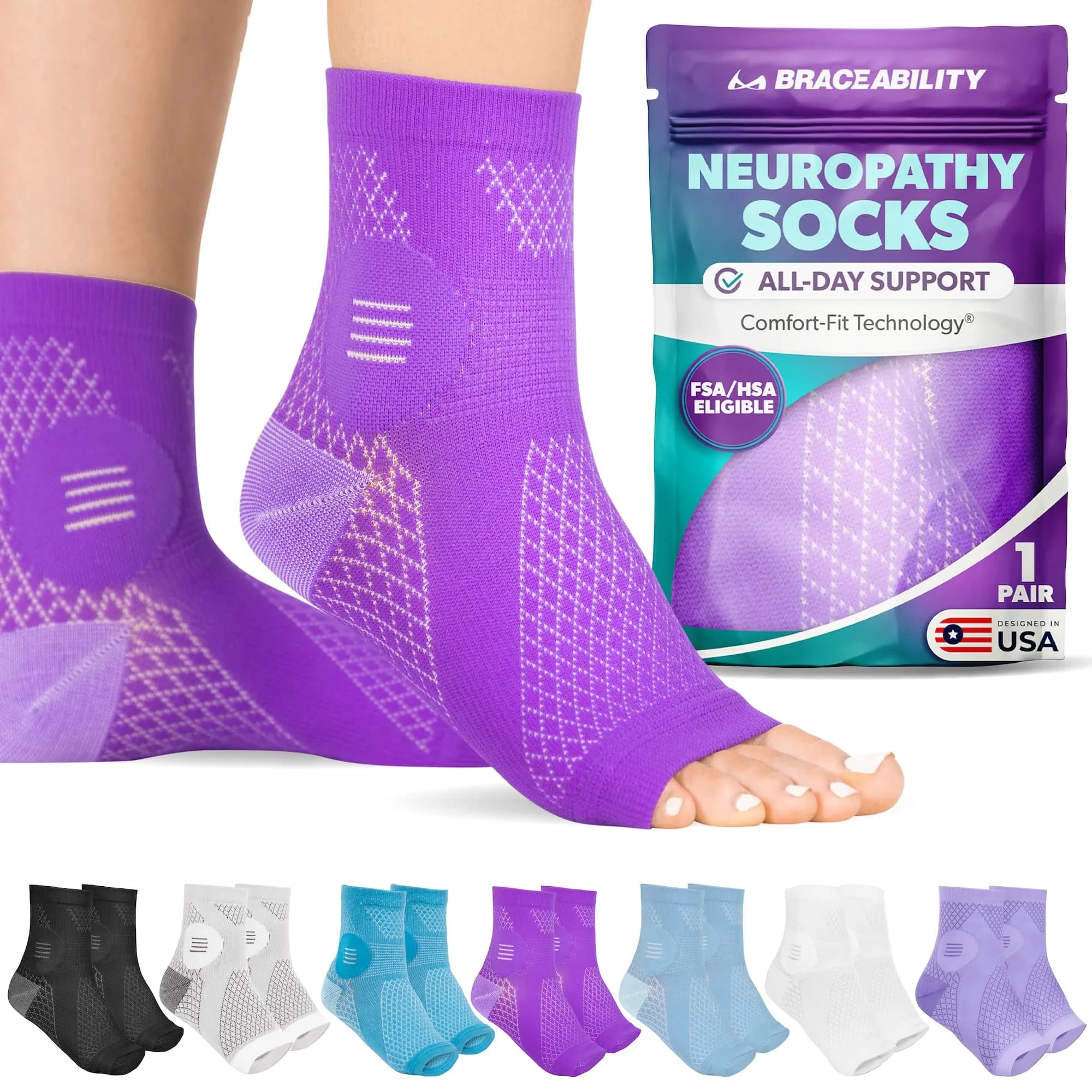 BraceAbility Neuropathy Socks X-Large - Purple | Medical Compression Garment for Nerve Pain Relief