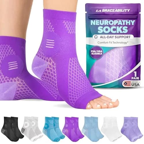 BraceAbility Neuropathy Socks X-Large - Purple | Medical Compression Garment for Nerve Pain Relief thumbnail 1