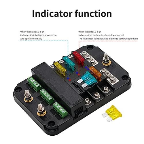 BlueFire 6-Way Blade Fuse Block with LED Indicator & ACC Interface, 12V/24V DC, 80A Input, 20A Output Per Circuit | Waterproof & Dustproof Fuse Holder thumbnail 3