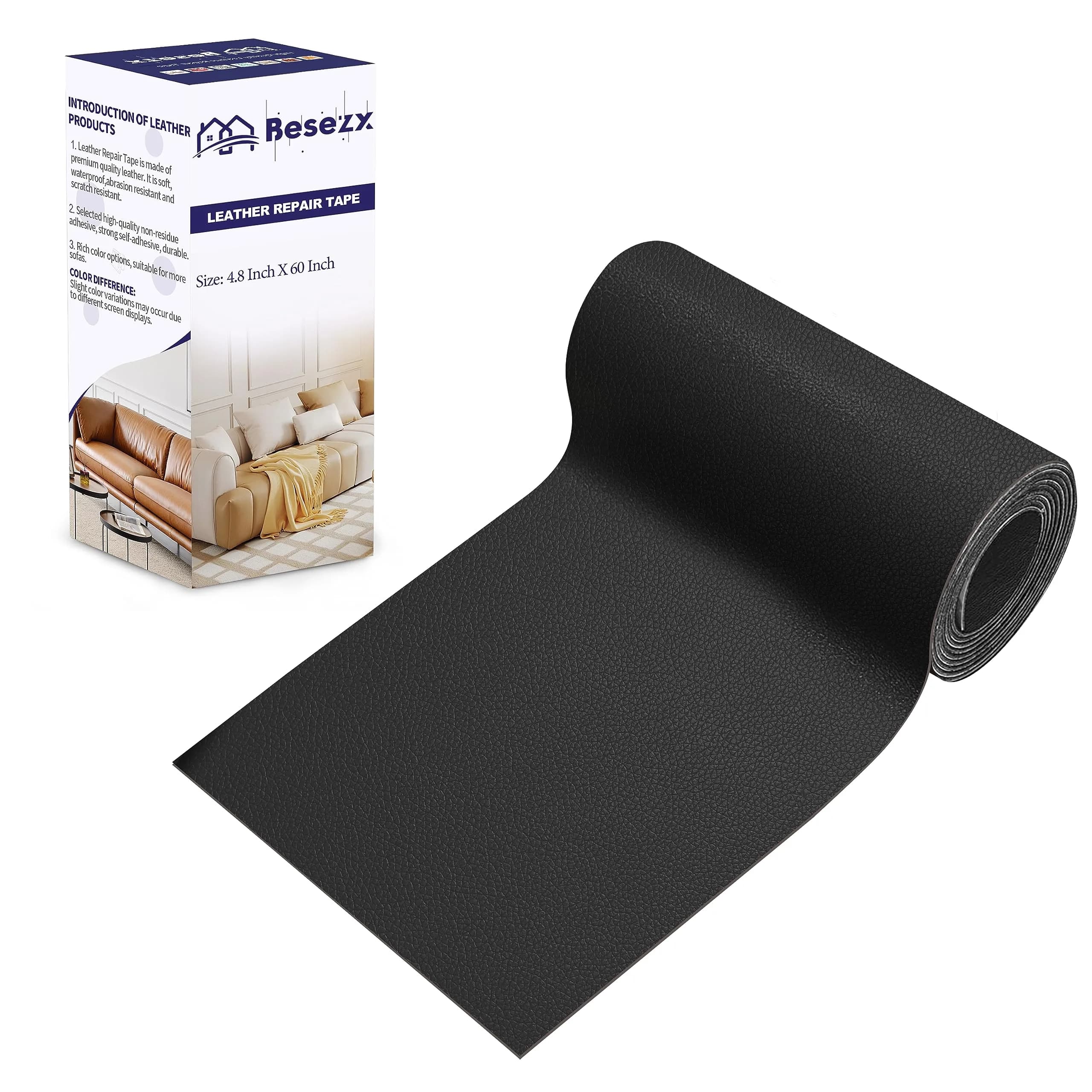 Besezx Leather Repair Patch Tape Kit 4.8in x 60in (12.2cm x 152.4cm) | Self-Adhesive for Furniture, Couch, Car Seats — 4.8 in