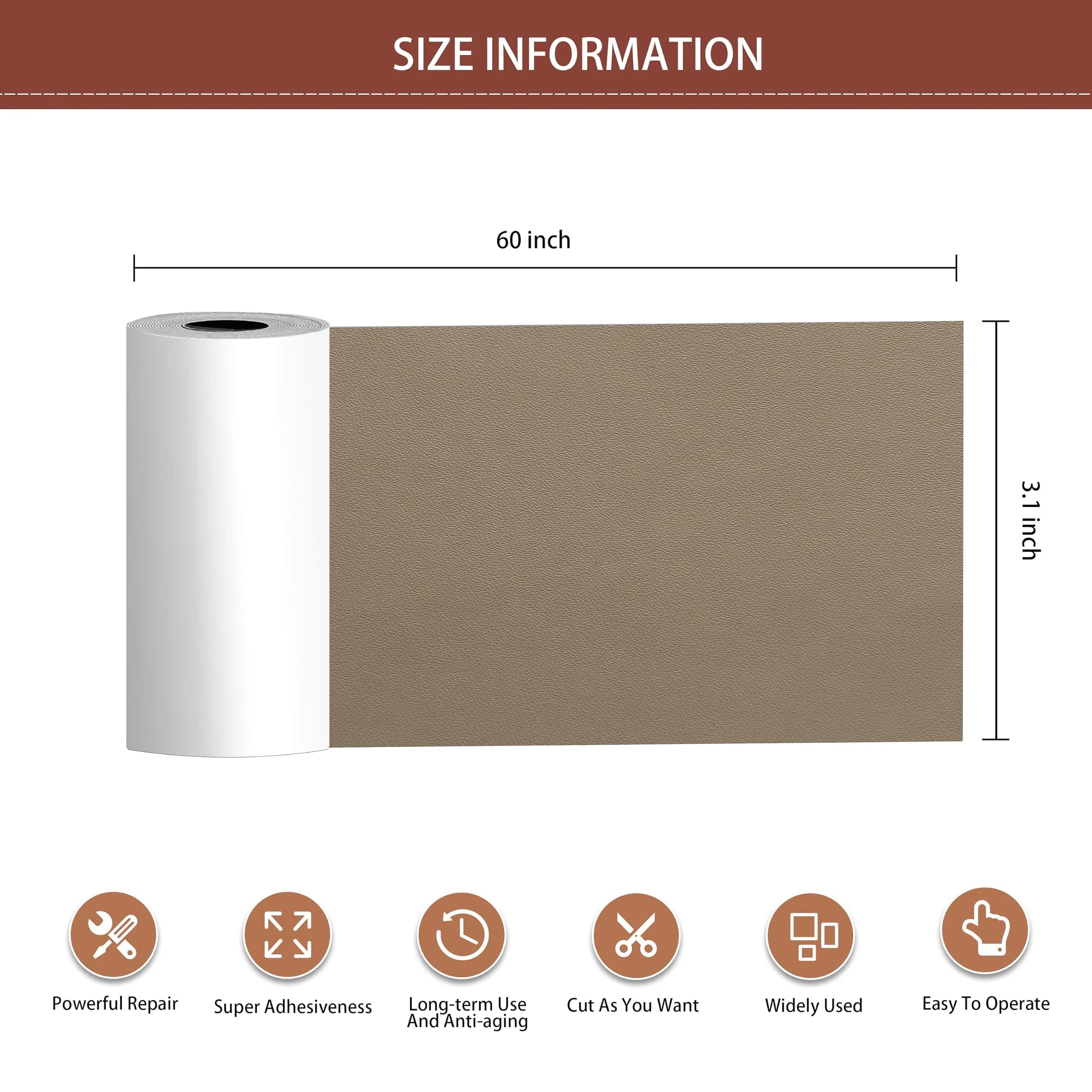 Besezx Leather Repair Patch Tape Kit Gray Khaki 3.1in x 60in | Self-Adhesive for Furniture & Car Seats