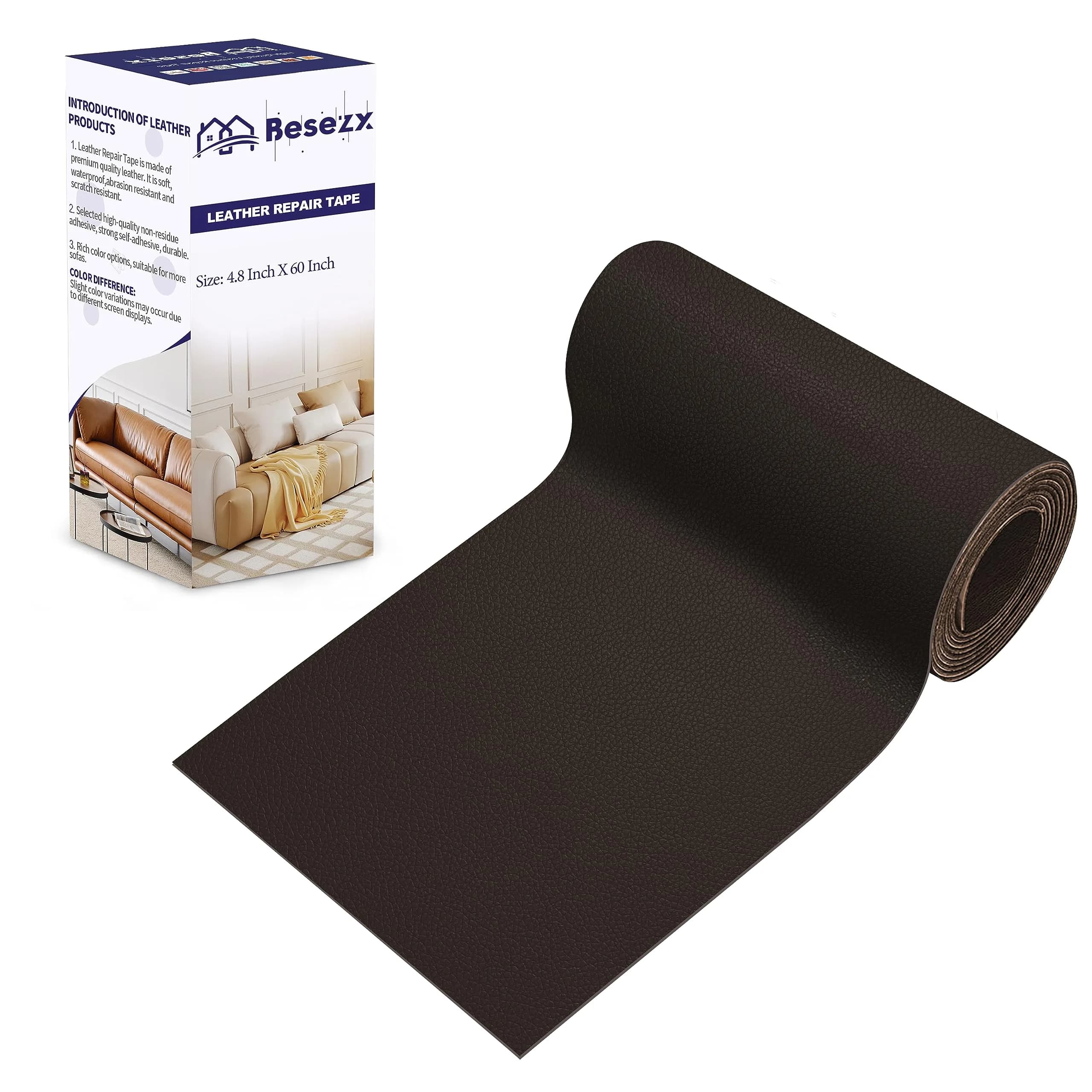 Besezx Leather Repair Patch Tape Kit Dark Brown-Litchi Grain 114.3cm x 152.4cm | Self-Adhesive for Furniture & Auto Upholstery