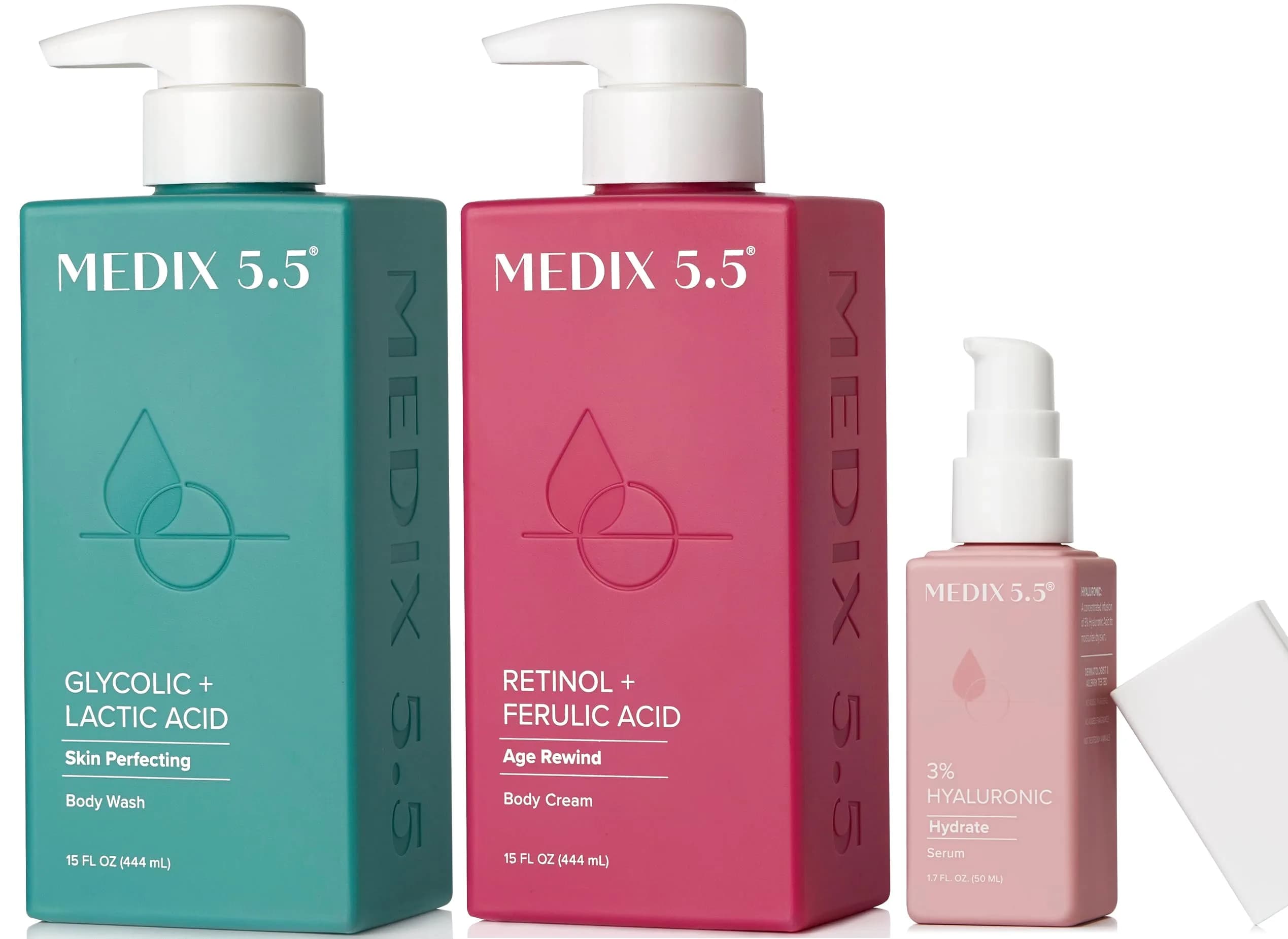 Medix 5.5 Anti Aging Skin Care Set | Retinol Body Cream, Glycolic Acid Wash & Hyaluronic Acid Serum | 3-Piece Set