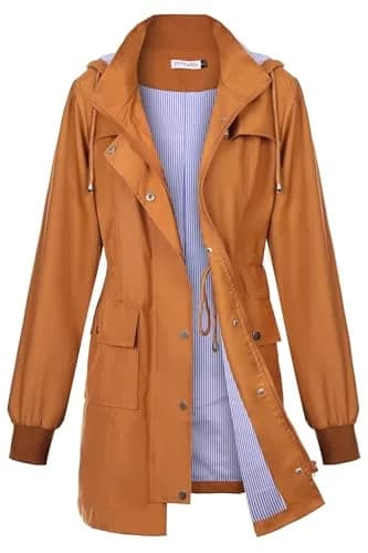 PITINAN Women Rain Jacket Waterproof With Hood Long Trench Coat Caramel, M | Water-Resistant, Detachable Hood, Adjustable Waist thumbnail 1