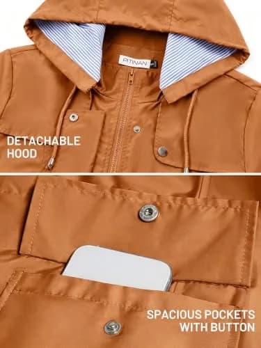 PITINAN Women Rain Jacket Waterproof With Hood Long Trench Coat Caramel, M | Water-Resistant, Detachable Hood, Adjustable Waist thumbnail 4