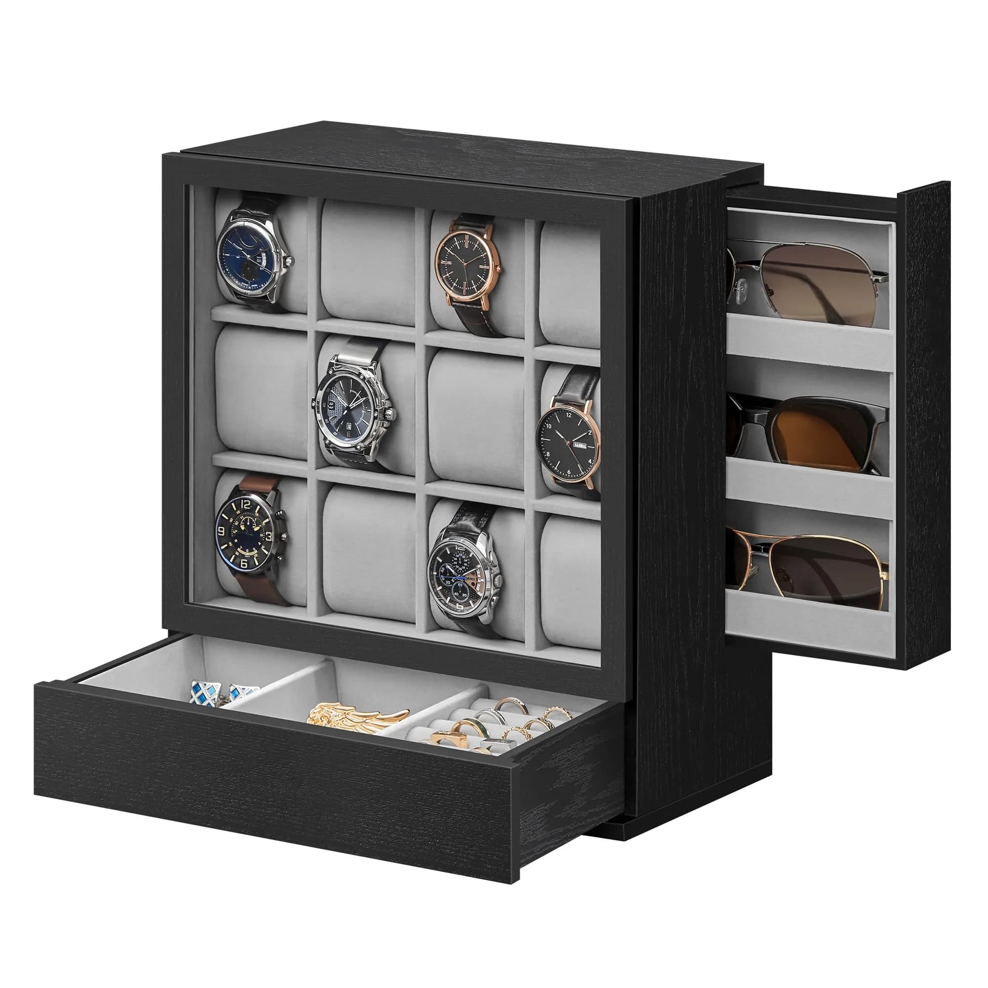 SONGMICS 24-Slot Watch Box Organizer with Glass Lid & Lock | 43.5cm (17.1") L x 29.5cm (11.6") W — Ebony Black / 12 Slot