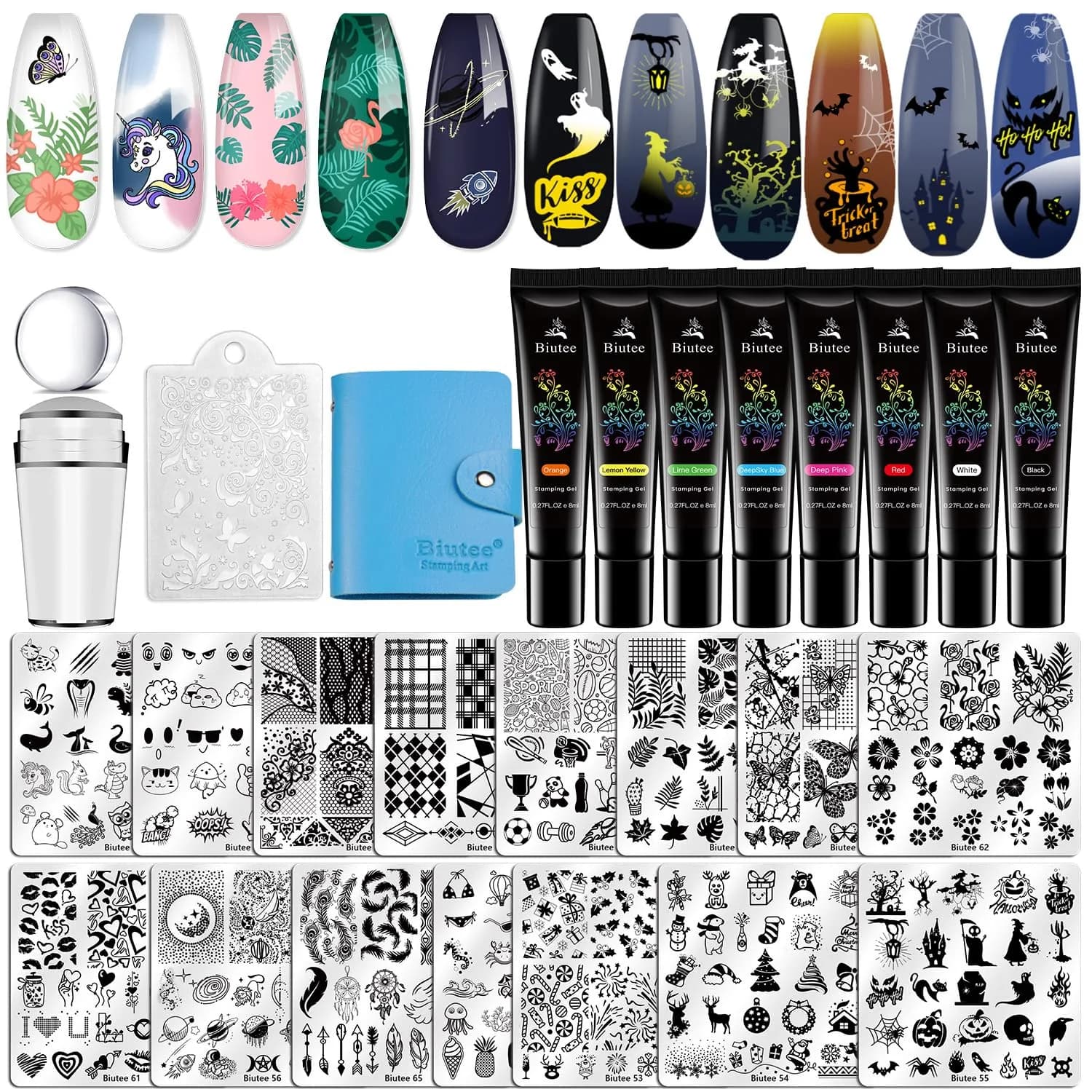 Biutee 26 Piece Nail Art Stamping Kit with 8 Colors Gel Polish & Storage Bag | Professional DIY Manicure Tools - main product image