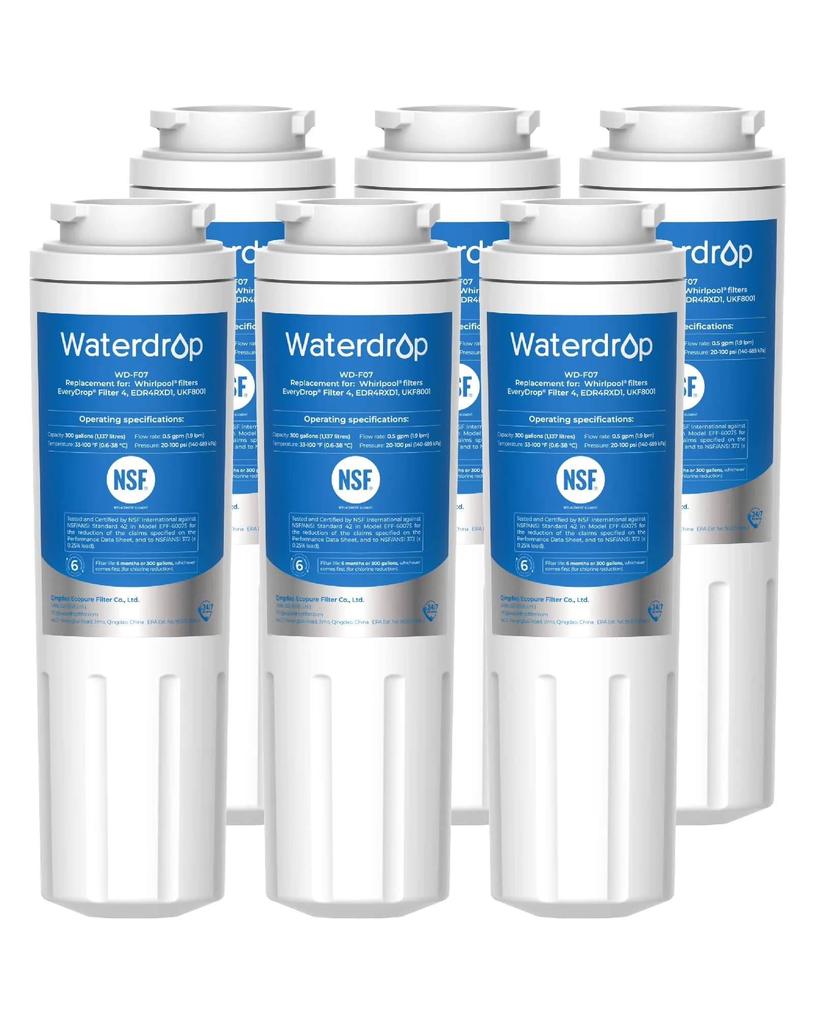 Waterdrop EDR4RXD1 Water Filter Replacement 6 Pack | NSF Certified for Whirlpool, Maytag, Kitchenaid Refrigerators