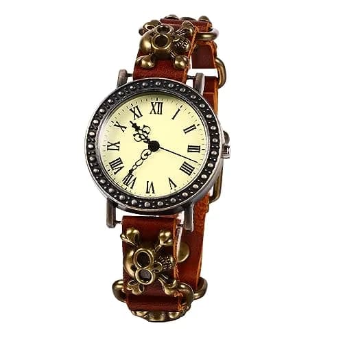 JewelryWe Vintage Wrist Watch Punk Skull Leather Quartz Watch for Women & Men | 1.5" Case, Leather Band, Water-Resistant thumbnail 1