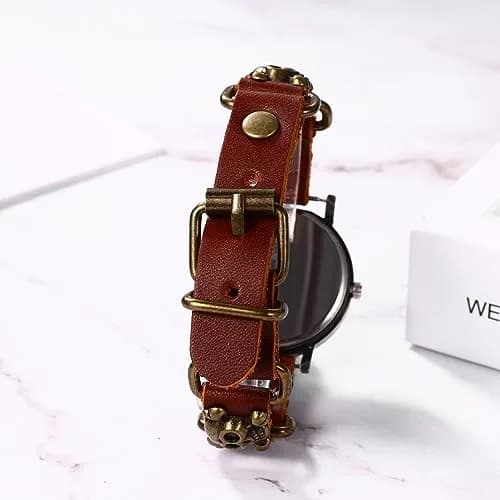 JewelryWe Vintage Wrist Watch Punk Skull Leather Quartz Watch for Women & Men | 1.5" Case, Leather Band, Water-Resistant thumbnail 4