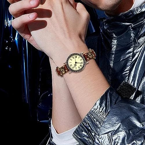 JewelryWe Vintage Wrist Watch Punk Skull Leather Quartz Watch for Women & Men | 1.5" Case, Leather Band, Water-Resistant thumbnail 2