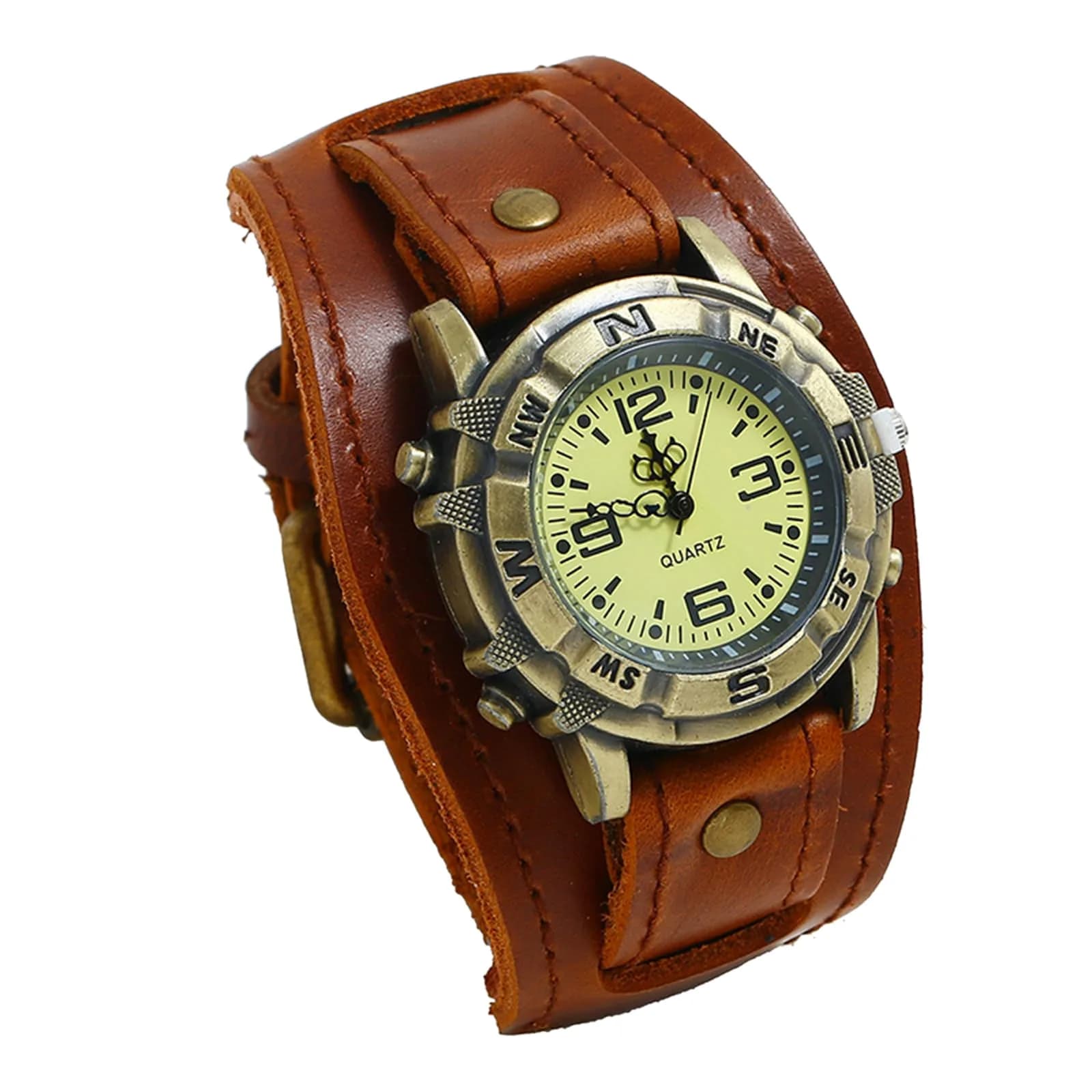Avaner Men's Vintage Leather Watch: Retro Punk Wide Cuff Steampunk Analog Quartz 47mm (1.85") | Japanese Movement — Brown