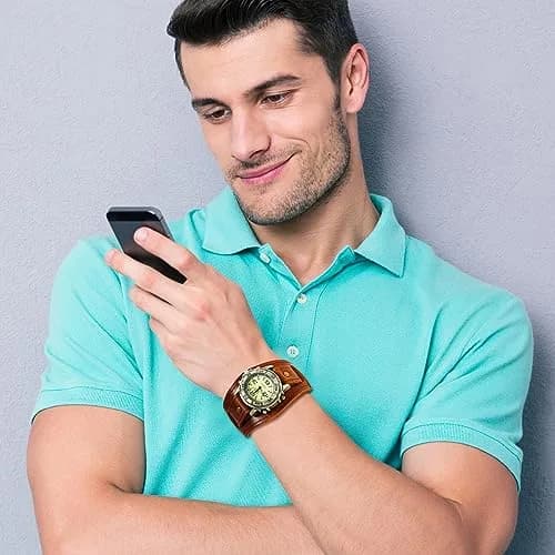 Avaner Men's Vintage Leather Watches: Retro Punk Wide Band Cuff Steampunk Analog Quartz Wrist Watch 47mm (1.85in) | Japanese Quartz Movement thumbnail 4