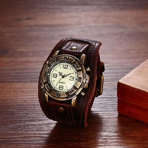 Avaner Men's Vintage Leather Watch: Retro Punk Wide Cuff Steampunk Analog Quartz 47mm (1.85") | Japanese Movement thumbnail 2
