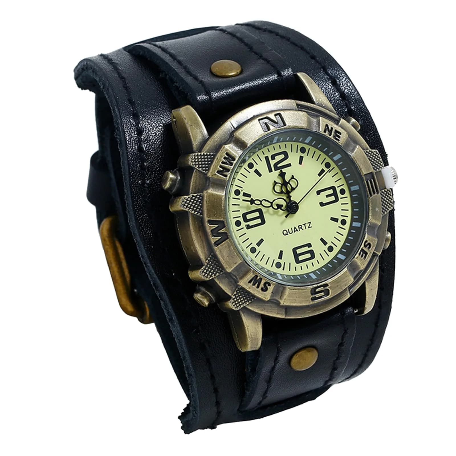 Avaner Men's Vintage Leather Watch: Retro Punk Wide Cuff Steampunk Analog Quartz 47mm (1.85") | Japanese Movement — Black