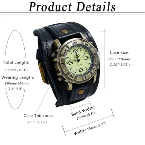 Avaner Men's Vintage Leather Watch: Retro Punk Wide Cuff Steampunk Analog Quartz 47mm (1.85") thumbnail 6