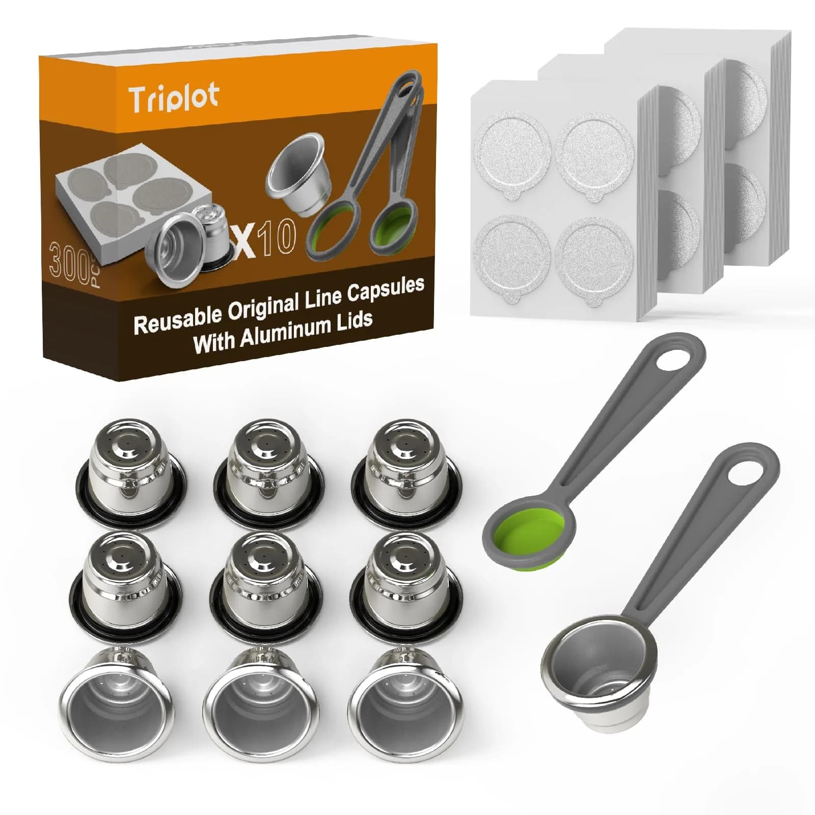 Triplot Aluminum Lids for Nespresso OriginalLine Capsules, 200 Count (37mm) | Reusable Coffee Pod Seals for Rich Crema — Stainless steel color +10Pods+300lids