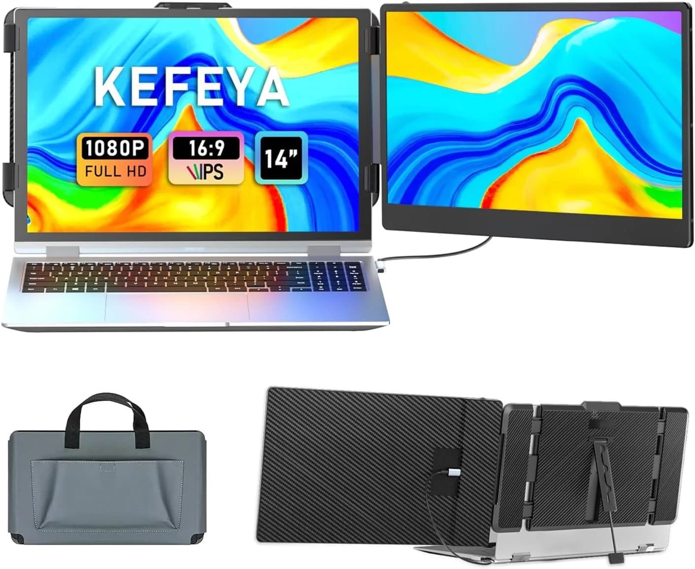 KEFEYA 14" FHD IPS Laptop Monitor Extender | Portable Dual Screen for Windows/Mac/Android