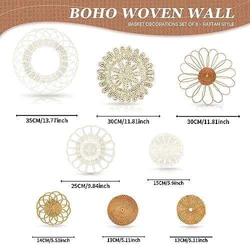 LOCS MICRAI Boho Wall Basket Decor Set of 8 | Handcrafted Rattan & Wicker Wall Art for Home & Kitchen thumbnail 2