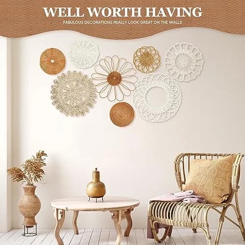 LOCS MICRAI Boho Wall Basket Decor Set of 8 | Handcrafted Rattan & Wicker Wall Art for Home & Kitchen thumbnail 3