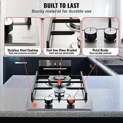 VEVOR 12 inch Gas Cooktop 2 Burners 12250BTU Stainless Steel | 220V Compatible Built-In LPG/NG Convertible thumbnail 5