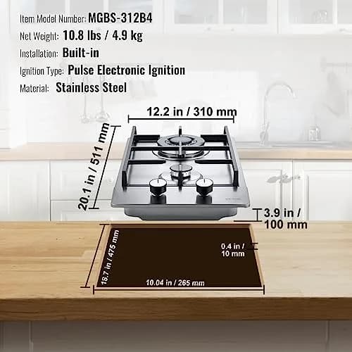 VEVOR 12 inch Gas Cooktop 2 Burners 12250BTU Stainless Steel | 220V Compatible Built-In LPG/NG Convertible thumbnail 7