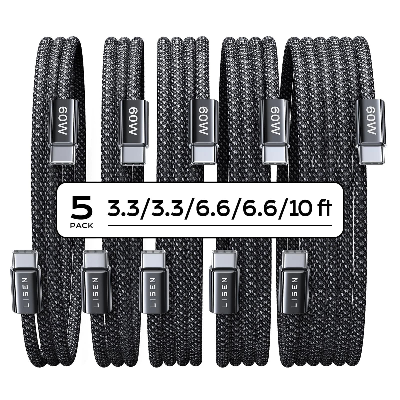 LISEN USB C to USB C Cable 60W 5-Pack | Fast Charging & Data Transfer