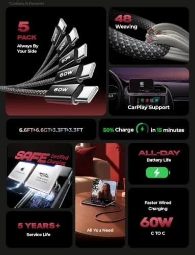 LISEN USB C to USB C Cable 60W 5-Pack | Fast Charging & Data Transfer thumbnail 2