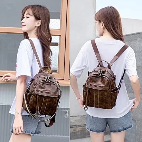 Mn&Sue Women's Leather Backpack Purse Medium Size Fashion Shoulder Bag Rucksack - Coffee, 25.7cm (10.1" W) thumbnail 7