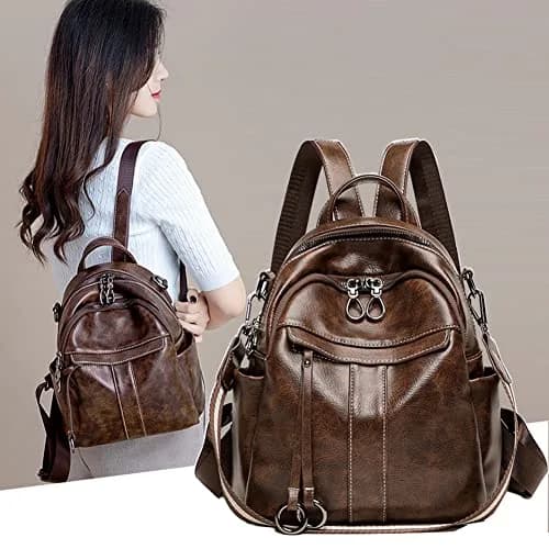 Mn&Sue Medium Leather Backpack Purse Coffee | 11" x 5.5" x 11.8" (28cm x 14cm x 30cm) thumbnail 2