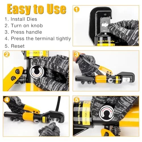 YUZES Hydraulic Crimping Tool 12 to 2/0 AWG | Heavy-Duty Battery Cable Crimper for Automotive & Industrial Use thumbnail 7