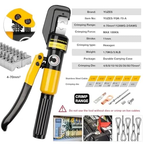 YUZES Hydraulic Crimping Tool 12 to 2/0 AWG | Heavy-Duty Battery Cable Crimper for Automotive & Industrial Use thumbnail 2