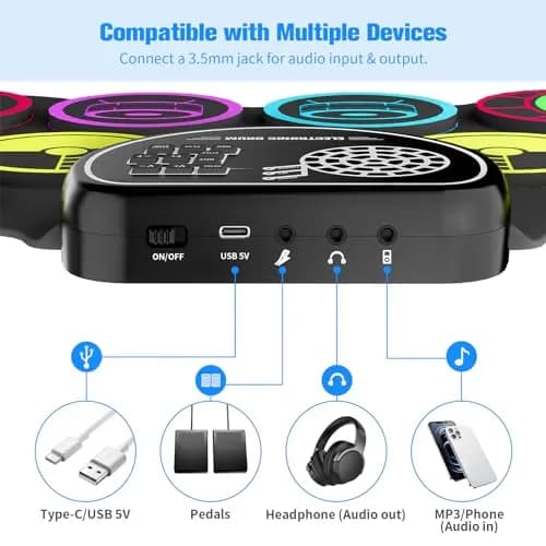 Miortior Electronic Drum Set, 10 Pads Roll-up Drum Practice Pad with Drums & Sticks, Built-in Speakers, Headphone Jack, Great Gift for Kids thumbnail 3