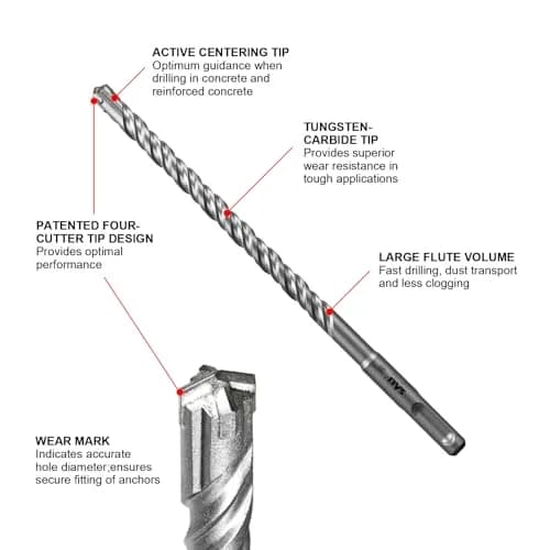 SALI 5 Pcs 1/2"*12" SDS Plus Rotary Hammer Drill Bit Kit | Carbide Tipped for Concrete, Brick, Stone thumbnail 4