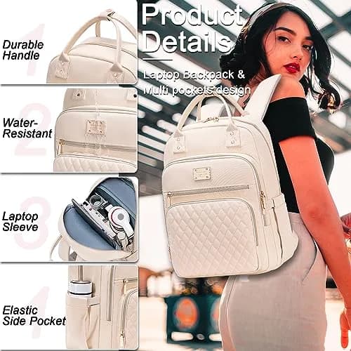 Weitars Insulated Lunch Backpack for Women with 15.6 Inch Laptop Compartment & Trolley Sleeve | Beige, 20L (12"W x 9"D x 17"H) thumbnail 6